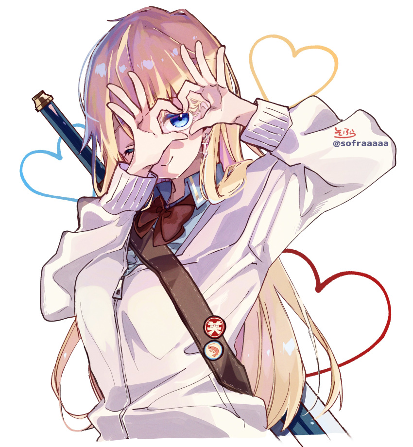 1girl ;) absurdres arm_up badge bangs blonde_hair blue_eyes blue_shirt bow breasts brown_bow button_badge closed_mouth collared_shirt commentary_request earrings ex_albio eyebrows_visible_through_hair genderswap genderswap_(mtf) glint hand_up hands_up heart highres hood hood_down hooded_jacket jacket jewelry long_hair long_sleeves looking_at_viewer medium_breasts nijisanji one_eye_closed puffy_long_sleeves puffy_sleeves shirt signature simple_background smile sofra solo sword sword_behind_back twitter_username very_long_hair virtual_youtuber weapon white_background white_jacket