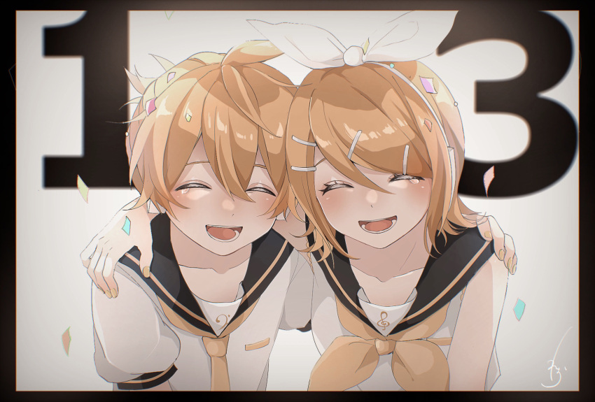 1boy 1girl anniversary arm_around_back bangs bare_shoulders bass_clef black_collar blonde_hair bow closed_eyes collar commentary confetti facing_viewer hair_bow hair_ornament hairclip hand_on_another's_shoulder highres kagamine_len kagamine_rin leaning_forward necktie open_mouth paripariparingo sailor_collar school_uniform shirt short_hair short_ponytail short_sleeves sleeveless sleeveless_shirt smile spiky_hair swept_bangs treble_clef upper_body vignetting vocaloid white_bow white_shirt yellow_nails