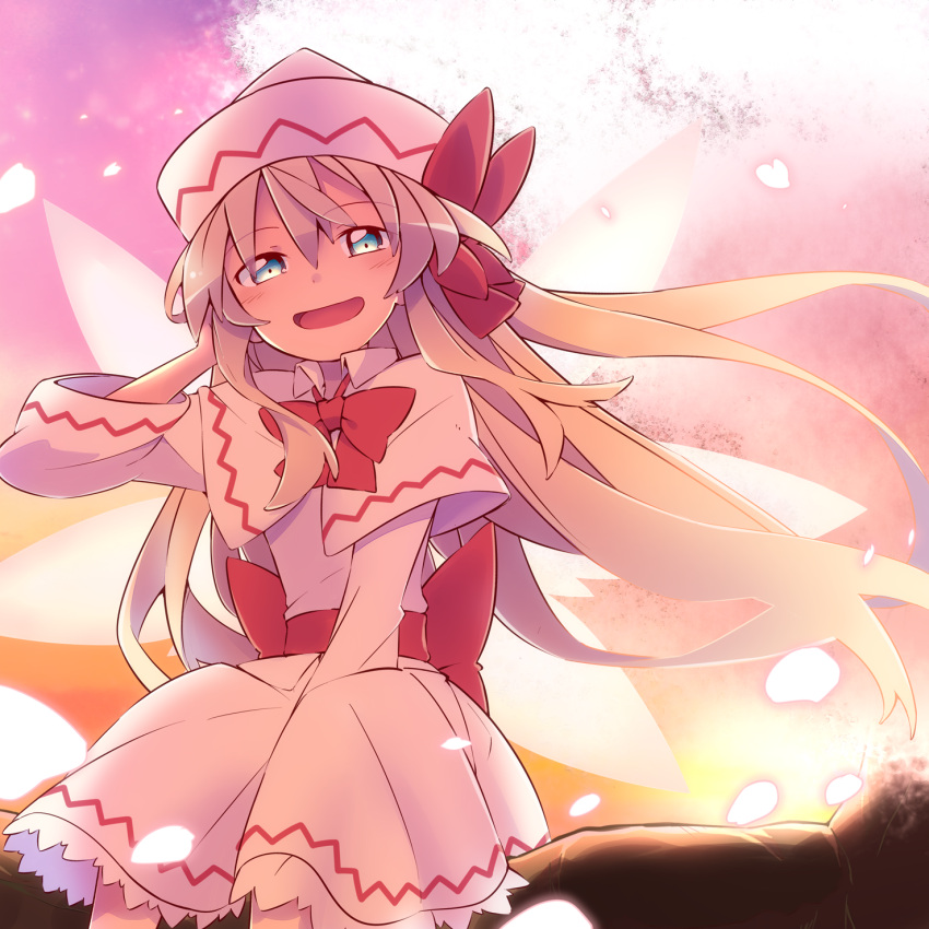 1girl arm_between_legs back_bow blonde_hair blue_eyes bow bowtie capelet cherry_blossoms commentary fairy_wings feet_out_of_frame hand_up hat hat_bow highres lily_white long_hair long_sleeves looking_at_viewer open_mouth petals pink_background red_bow red_neckwear sitting smile solo touhou tree white_capelet white_headwear wings yutamaro