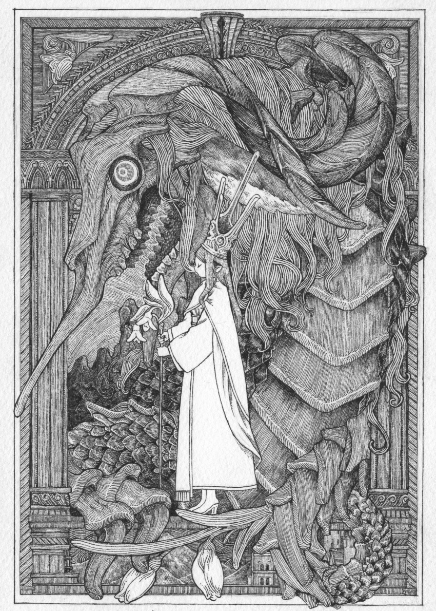 1girl absurdres cape closed_eyes crown dragon flower framed greyscale hatching_(texture) high_heels highres holding holding_staff ink_(medium) long_hair long_sleeves monochrome mountain mu1357 open_mouth original pillar princess scales staff standing teeth traditional_media wide_sleeves