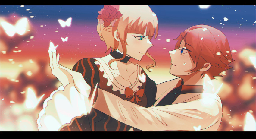 1boy 1girl aqua_eyes beatrice_(umineko) beige_jacket black_choker black_neckwear blonde_hair blue_eyes bug butterfly choker closed_mouth collarbone collared_shirt eyebrows_visible_through_hair flower frilled_choker frilled_sleeves frills from_side hair_flower hair_ornament insect jacket juliet_sleeves light_particles long_sleeves necktie nizaikanwoid open_clothes open_jacket puffy_sleeves red_flower red_rose red_shirt redhead rose shirt short_hair smile suit_jacket sweat umineko_no_naku_koro_ni ushiromiya_battler visible_ears wide_sleeves