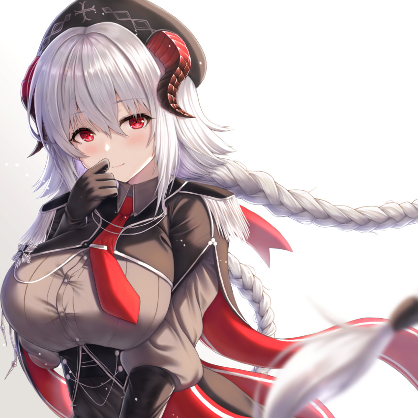 1girl aiguillette azur_lane beret black_gloves black_headwear blush braid breasts buran_(22x) closed_mouth corset elbow_gloves epaulettes gloves grey_shirt hand_on_own_face hat highres horns large_breasts long_hair long_sleeves looking_at_viewer necktie nurnberg_(azur_lane) red_eyes red_neckwear shirt simple_background smile solo twin_braids underbust upper_body very_long_hair white_background