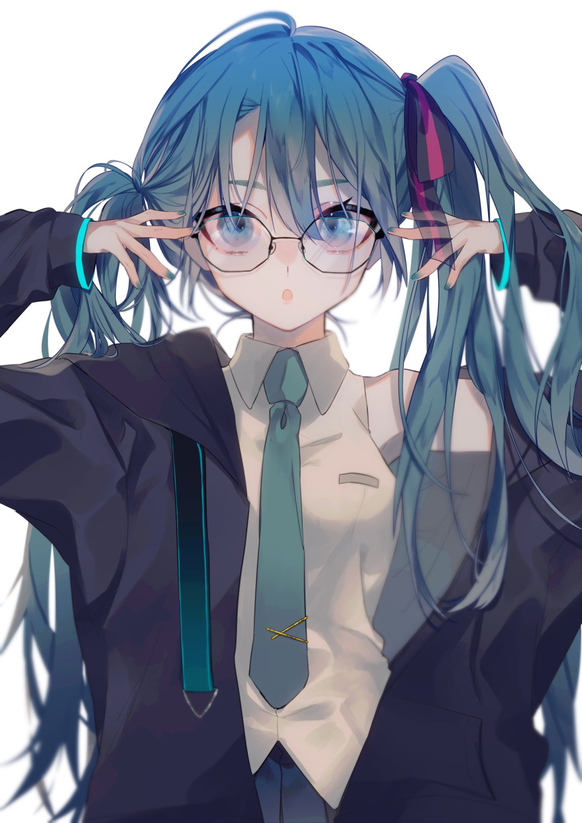 1girl aqua_eyes aqua_hair aqua_nails aqua_neckwear bespectacled black_jacket black_skirt commentary glasses hair_ribbon hands_on_eyewear hands_up hatsune_miku highres jacket long_hair looking_at_viewer nail_polish necktie open_mouth pleated_skirt ribbon shirt skirt sleeveless sleeveless_shirt solo standing twintails un_known9999 upper_body very_long_hair vocaloid white_background white_shirt