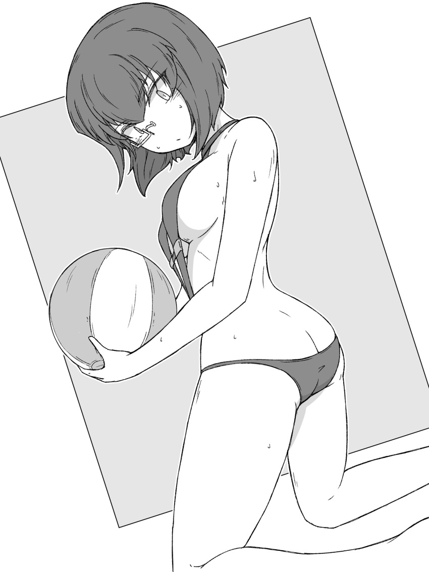 1girl absurdres back ball balloon bangs beachball bob_cut breasts butt_crack closed_mouth commentary eyebrows_visible_through_hair girls_und_panzer halterneck highres holding holding_balloon kawashima_momo kneeling light_frown monocle outside_border renshiu semi-rimless_eyewear short_hair sideboob slingshot_swimsuit solo sweat swimsuit under-rim_eyewear