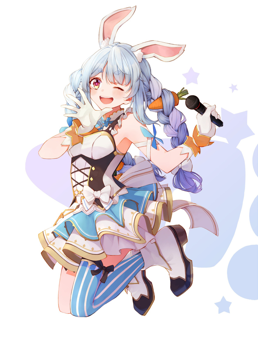 1girl absurdres animal_ear_fluff animal_ears arm_garter bangs black_ribbon blue_hair blush boots braid breasts bunny-shaped_pupils bunny_tail carrot_hair_ornament corset food_themed_hair_ornament gloves gradient_eyes hair_ornament highres hikimayu hololive hololive_fantasy jumping long_hair looking_at_viewer microphone mismatched_legwear multicolored multicolored_eyes multicolored_hair one_eye_closed open_mouth orange_eyes pinkusan pleated_skirt rabbit_ears rabbit_girl ribbon short_eyebrows sidelocks simple_background single_thighhigh skirt sleeveless small_breasts smile solo star_(symbol) striped striped_legwear swept_bangs tail thigh-highs twin_braids two-tone_background two-tone_footwear two-tone_hair usada_pekora virtual_youtuber waving white_gloves white_hair