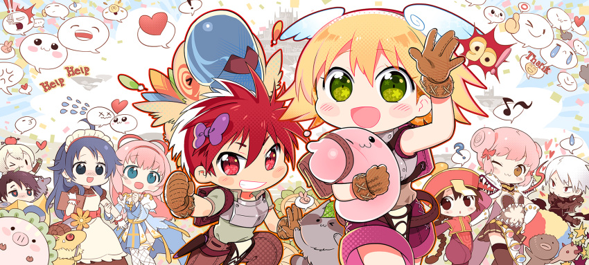 ! &gt;3&lt; ... 4boys 5girls :3 ? afro ahoge anger_vein animal apple apple_o_archer apron archbishop_(ragnarok_online) arm_blade armor backpack bag bangs baphomet_jr bird black_eyes blonde_hair blue_dress blue_eyes blue_hair blush braid braided_ponytail breastplate brown_dress brown_gloves brown_hair brown_legwear brown_pants brown_shorts brown_skirt castle character_request chest_guard chibi choker cleavage_cutout clenched_hand clipboard closed_mouth clothing_cutout collared_shirt commentary_request confetti cowboy_shot cross crying dark_skin demon double_bun dress earrings emoticon eyebrows_visible_through_hair eyes_visible_through_hair fake_wings feathers fishnet_legwear fishnets flower food frilled_sleeves frills fruit gauntlets genetic_(ragnarok_online) geographer_(ragnarok_online) gloom_(expression) gloves goat green_eyes green_gloves green_shirt grin guillotine_cross_(ragnarok_online) hair_between_eyes hair_ribbon hat head_wings heart heart-shaped_pupils help highres holding holding_clipboard holding_flower jewelry jiangshi kafra_uniform laughing leaf leaf_on_head light_bulb long_hair long_sleeves looking_at_viewer maid maid_headdress mao_yu mouth_hold multicolored_hair multiple_boys multiple_girls munak musical_note nervous novice_(ragnarok_online) o3o one_eye_closed open_mouth oversized_animal pants pauldrons pavianne_(ragnarok_online) peco_peco pig pink_hair plant popped_collar poring potion puffy_short_sleeves puffy_sleeves pulling qing_guanmao raccoon ragnarok_online ranger_(ragnarok_online) red_armor red_eyes red_ribbon red_vest redhead ribbon royal_guard_(ragnarok_online) sash savage_babe scabbard sheath shield shirt short_hair short_sleeves shorts shoulder_armor skirt slime_(creature) smile smokie_(ragnarok_online) smug solid_oval_eyes spiky_hair spoken_ellipsis spoken_exclamation_mark spoken_heart spoken_light_bulb spoken_musical_note spoken_o spoken_question_mark spoken_sweatdrop star_(symbol) star_earrings sweat sweatdrop symbol-shaped_pupils teeth thank_you thigh-highs thumbs_up tongue too_many two-tone_dress v vest waving weapon white_apron white_dress white_gloves white_hair white_legwear white_sash wings wolf x_x yellow_sash