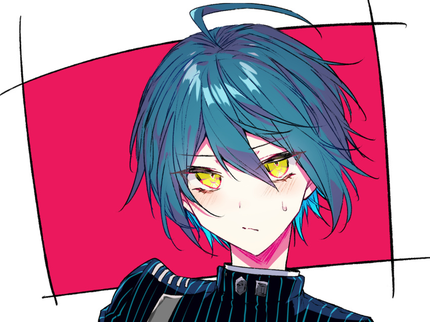 1boy ahoge bangs blush border closed_mouth commentary_request dangan_ronpa_(series) dangan_ronpa_v3:_killing_harmony face frown goto_(sep) green_hair hair_between_eyes looking_at_viewer male_focus portrait red_background saihara_shuuichi short_hair solo sweatdrop upper_body white_background white_border yellow_eyes