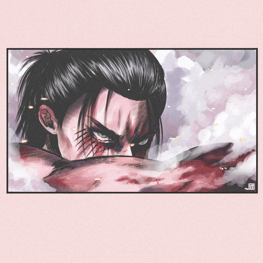 1boy angry black_hair eren_yeager facial_mark fine_art_parody green_eyes highres looking_at_viewer male_focus parody shingeki_no_kyojin solo urlcsss