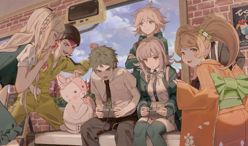 3girls 4boys :d ahoge backpack bag bangs bench black_headwear black_neckwear black_shirt blonde_hair blush_stickers braid breast_pocket brick_wall brown_hair brown_pants brown_skirt clenched_hand closed_mouth collared_shirt commentary_request covering_mouth dangan_ronpa_(series) dangan_ronpa_2:_goodbye_despair day diaper dress_shirt eyebrows_visible_through_hair green_jacket grey_hair hair_ornament hairclip hand_over_own_mouth hand_up handheld_game_console hat hinata_hajime holding holding_handheld_game_console hood hooded_jacket indoors jacket japanese_clothes kimono komaeda_nagito kuzuryuu_fuyuhiko leaning_forward long_hair long_sleeves looking_at_another looking_at_viewer maachi_(fsam4547) medium_hair messy_hair monomi_(dangan_ronpa) multiple_boys multiple_girls nanami_chiaki neck_ribbon necktie open_clothes open_jacket open_mouth pants pink_hair pink_ribbon playing_games pleated_skirt pocket puffy_short_sleeves puffy_sleeves red_eyes ribbon saionji_hiyoko shirt short_hair short_sleeves sitting skirt smile sonia_nevermind souda_kazuichi standing striped_jacket sweatdrop television thigh-highs twintails two-tone_shirt upper_teeth white_shirt