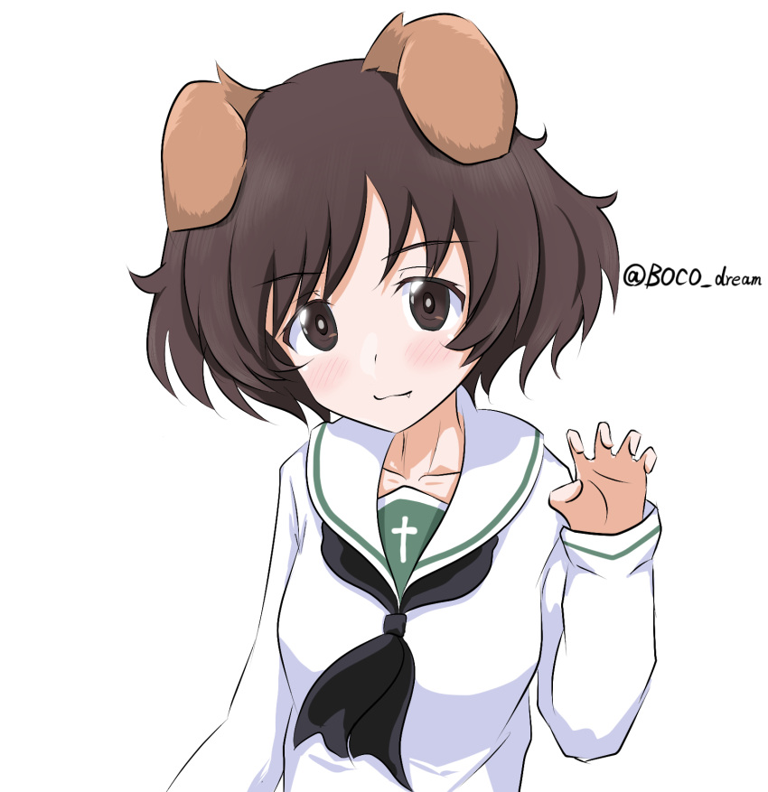 1girl akiyama_yukari animal_ears bangs black_neckwear blouse boko_dream brown_eyes brown_hair claw_pose closed_mouth dog_ears eyebrows_visible_through_hair fang girls_und_panzer highres kemonomimi_mode light_blush long_sleeves looking_at_viewer messy_hair neckerchief ooarai_school_uniform sailor_collar school_uniform serafuku short_hair smile solo twitter_username upper_body white_blouse white_sailor_collar