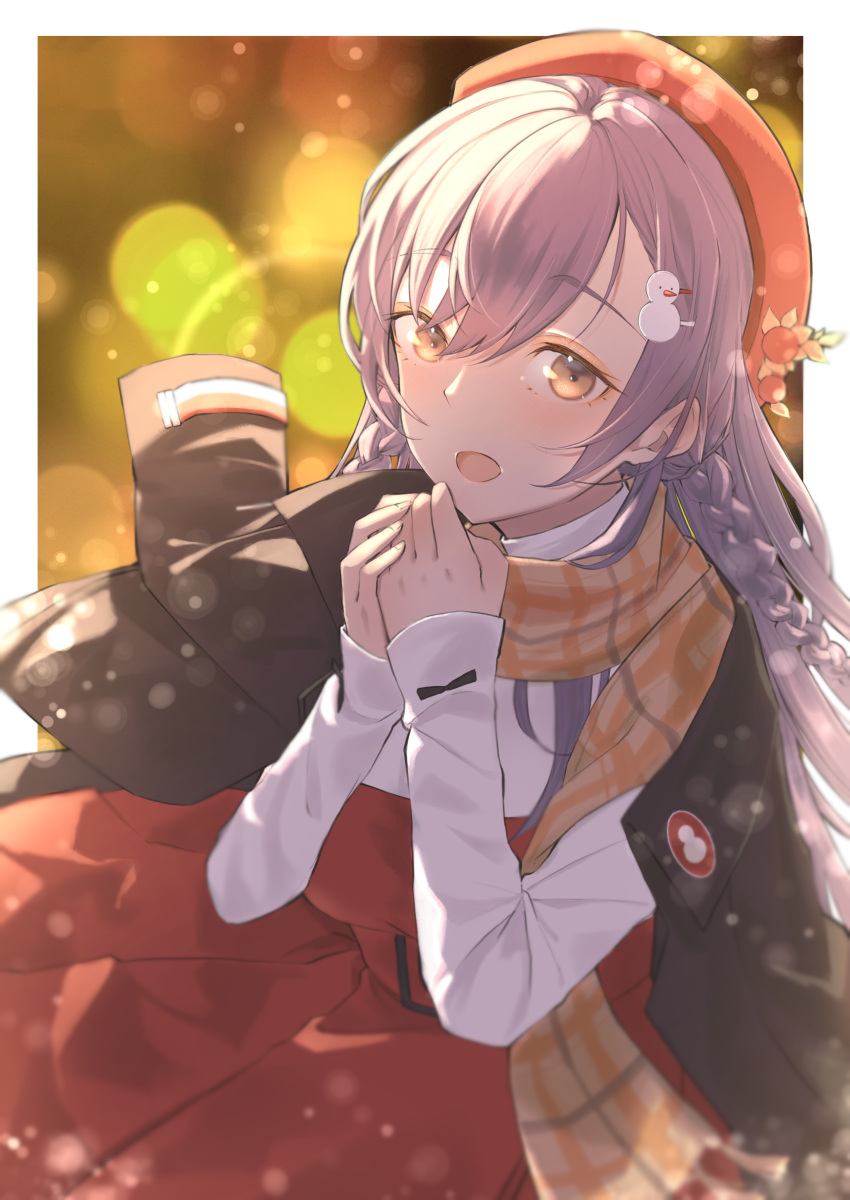 1girl absurdres blurry bokeh braid cold commentary_request depth_of_field dress girls_frontline hair_ornament hat highres jacket jacket_on_shoulders lewis_(girls_frontline) long_hair long_sleeves looking_at_viewer open_mouth plaid plaid_scarf purple_hair red_dress red_headwear sakana-ko scarf snowman_hair_ornament solo yellow_eyes