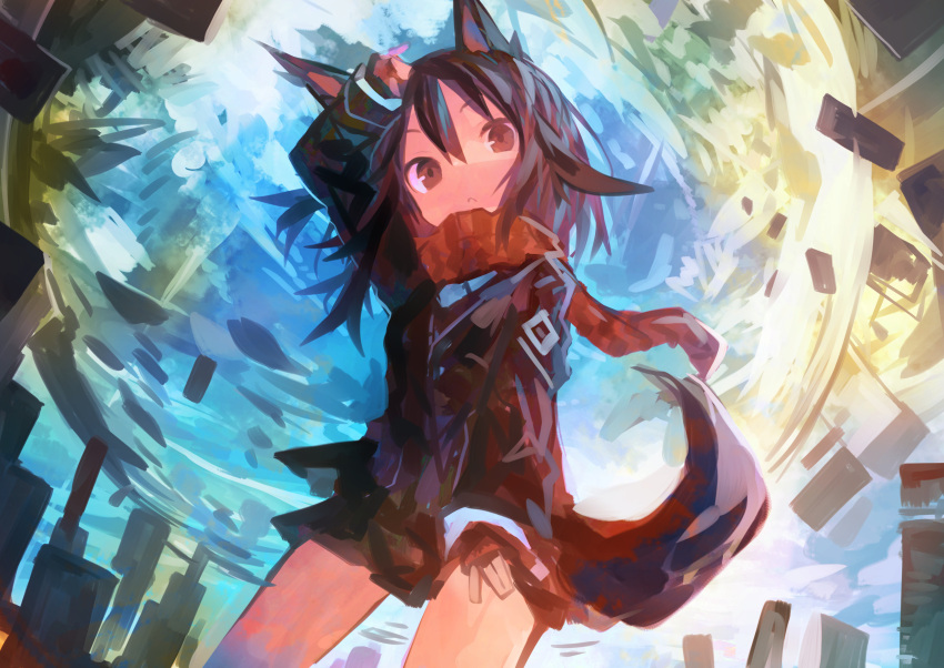 1girl absurdres animal_ears black_shirt black_skirt brown_hair commentary_request cowboy_shot full_moon hair_between_eyes hand_up highres kaamin_(mariarose753) long_hair long_sleeves miniskirt moon night original outdoors red_scarf scarf shirt skirt solo tail