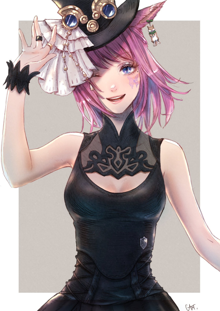 1girl ;d animal_ears black_dress black_headwear blue_eyes breasts butterfly_tattoo cam_(cammero95713700) cat_ears cleavage_cutout clothing_cutout dress earrings eyebrows_visible_through_hair facial_tattoo final_fantasy final_fantasy_xiv hat highres jewelry looking_at_viewer medium_breasts medium_hair miqo'te mole mole_under_eye one_eye_closed open_mouth pink_hair ring signature sleeveless sleeveless_dress smile solo tattoo teeth top_hat two-tone_background upper_body whisker_markings wrist_cuffs