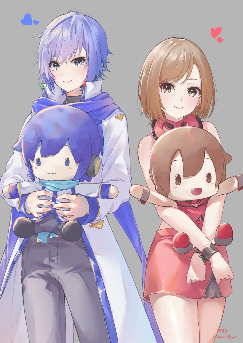 1boy 1girl :3 :d androgynous azusa_(azunyan12) blue_eyes blue_hair blue_scarf brown_eyes brown_hair character_doll coat collar commentary cowboy_shot crop_top doll grey_background headphones heart highres holding holding_doll kaito kaito_(vocaloid3) lips looking_at_viewer meiko meiko_(vocaloid3) miniskirt object_hug open_mouth outstretched_arms red_shirt red_skirt scarf shirt short_hair signature skirt smile standing stuffed_toy vocaloid white_coat wristband