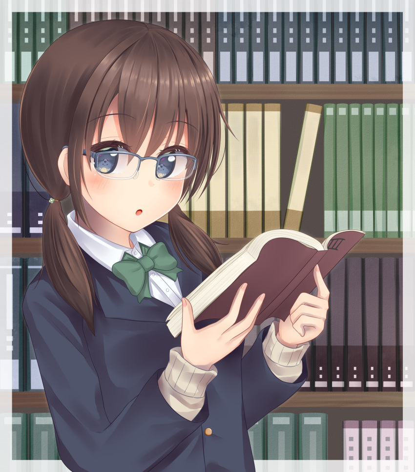 1girl :o bangs black-framed_eyewear black_jacket blazer blue_eyes blush book bookshelf bow brown_hair collared_shirt commentary_request dress_shirt eyebrows_visible_through_hair glasses green_bow hair_between_eyes hands_up highres holding holding_book jacket long_hair long_sleeves looking_at_viewer low_twintails minakami_mimimi original over-rim_eyewear parted_lips semi-rimless_eyewear shirt solo twintails upper_body white_shirt