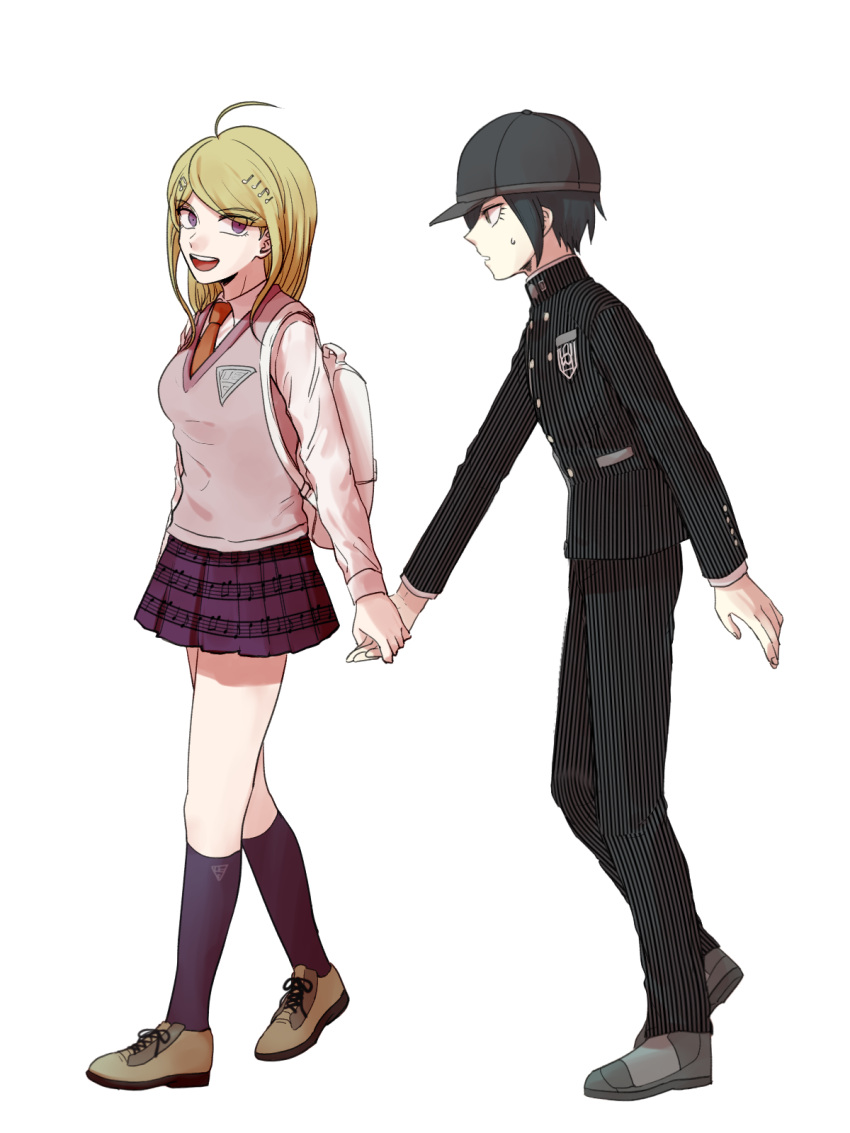 1boy 1girl :d ahoge akamatsu_kaede backpack bag beamed_eighth_notes black_hair black_headwear black_jacket black_pants blonde_hair breasts brown_footwear commentary_request dangan_ronpa_(series) dangan_ronpa_v3:_killing_harmony dangyu_(danganpa) eighth_note full_body gakuran hair_ornament highres holding_hands jacket kneehighs long_hair long_sleeves looking_at_another medium_breasts miniskirt musical_note musical_note_hair_ornament open_mouth pants pleated_skirt profile purple_skirt randoseru saihara_shuuichi school_uniform shirt shoes short_hair simple_background sixteenth_note skirt smile striped striped_jacket striped_pants sweatdrop sweater_vest walking white_background white_bag white_shirt