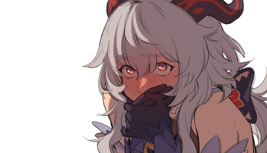 1girl bangs bare_shoulders blush covering_mouth eyebrows_visible_through_hair ganyu_(genshin_impact) genshin_impact gloves grey_hair hair_between_eyes horns long_hair long_sleeves maiqo solo white_background