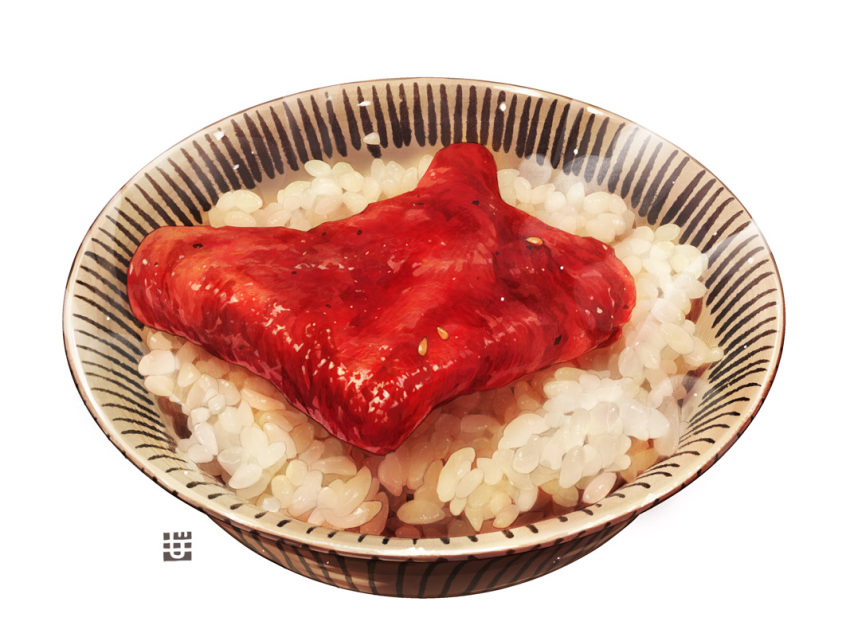 bowl food food_focus meat momiji_mao no_humans original rice simple_background steam still_life white_background