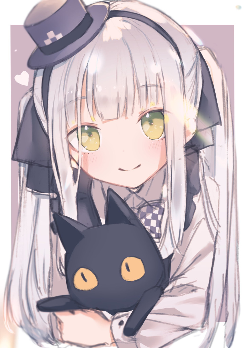 1girl animal black_cat bow bowtie cat checkered checkered_neckwear eyebrows_visible_through_hair girls_frontline green_eyes hat headband highres hk416_(girls_frontline) holding holding_animal holding_cat long_hair long_sleeves looking_at_viewer mini_hat official_alternate_costume sakana-ko sidelocks silver_hair smile solo yellow_eyes younger