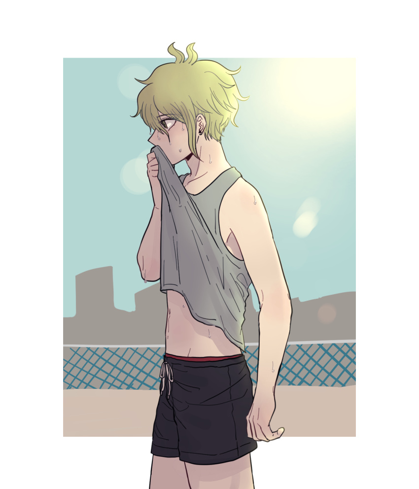 1boy alternate_costume amami_rantarou antenna_hair bangs bare_arms bare_shoulders black_shorts blonde_hair border collarbone cowboy_shot dangan_ronpa_(series) dangan_ronpa_v3:_killing_harmony dangyu_(danganpa) earrings fence from_side green_background green_eyes green_hair grey_shirt hair_between_eyes hand_up highres jewelry lifted_by_self male_focus midriff navel outside_border profile shirt shirt_lift short_hair shorts sleeveless solo standing stomach sweat tank_top