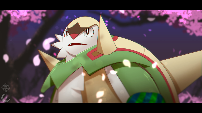 absurdres blurry brown_eyes chesnaught commentary_request crescent fangs gen_6_pokemon highres looking_up mizunogoke no_humans open_mouth petals pokemon pokemon_(creature) repost_notice watermark