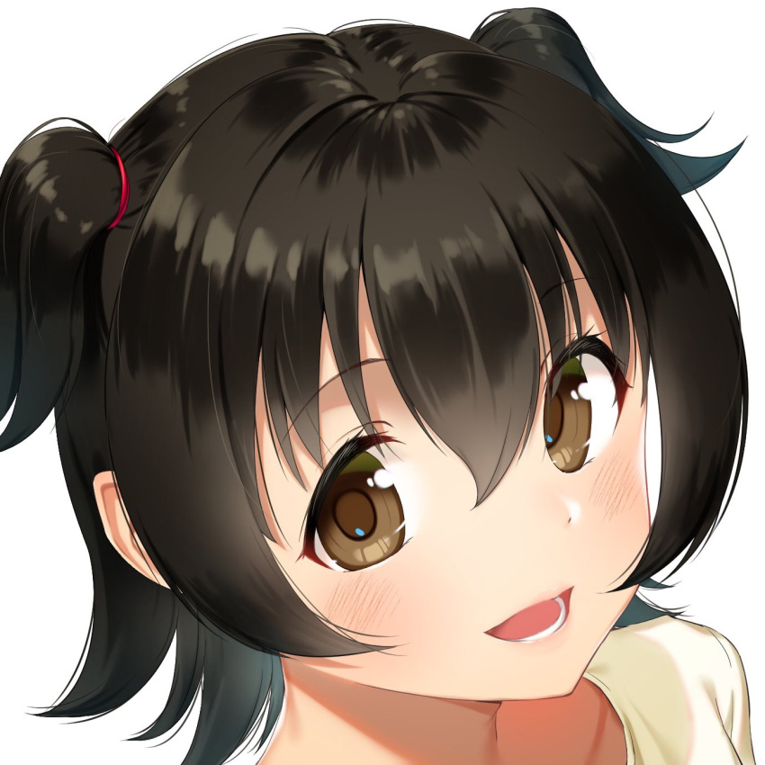 1girl akagi_miria bangs black_hair brown_eyes close-up collar face highres idolmaster idolmaster_cinderella_girls looking_at_viewer looking_to_the_side looking_up open_mouth shirt short_hair smile tsunenorip twintails