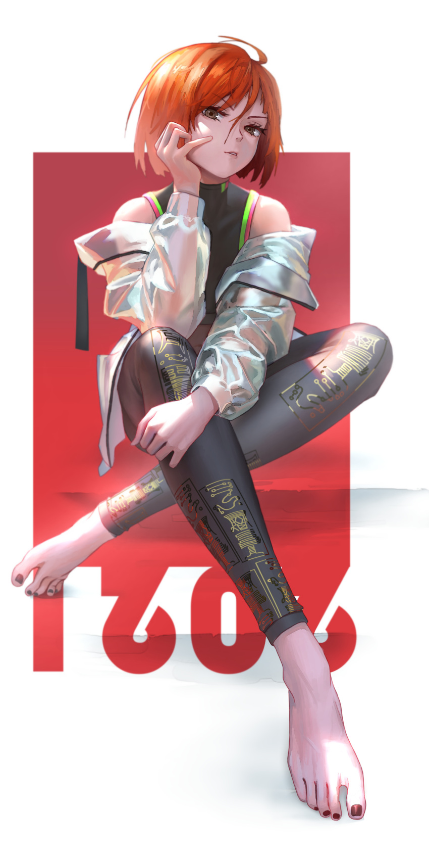 1girl absurdres ahoge barefoot brown_eyes crossed_legs feet halter_top halterneck head_on_hand highres jacket jujutsu_kaisen kryp132 kugisaki_nobara looking_at_viewer navel off_shoulder pants redhead shirt sitting sleeveless sleeveless_shirt tight tight_pants toenail_polish toes