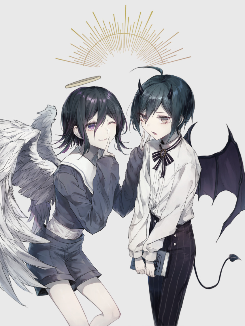 ahoge alternate_costume angel_and_devil angel_wings black_hair black_horns book brown_eyes commentary_request dangan_ronpa_(series) dangan_ronpa_v3:_killing_harmony demon_horns demon_tail demon_wings dress_shirt feathered_wings feet_out_of_frame finger_to_mouth goto_(sep) grey_background halo hand_on_another's_shoulder hands_up highres holding holding_book horns looking_at_viewer male_focus multiple_boys one_eye_closed open_mouth ouma_kokichi pants saihara_shuuichi shiny shiny_hair shirt shirt_tucked_in short_hair shorts shushing striped striped_pants tail violet_eyes white_shirt white_wings wings