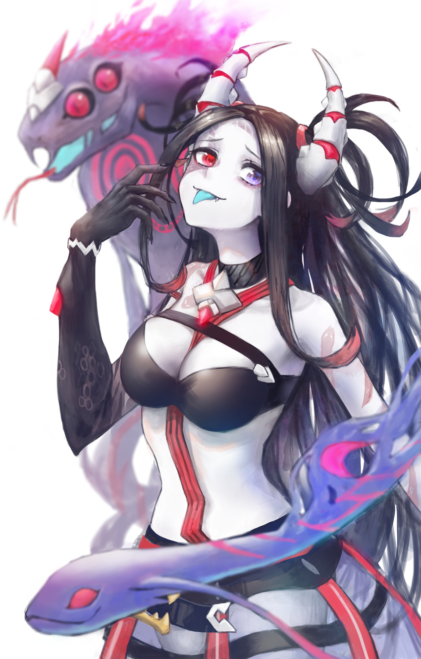 1girl animal arm_tattoo bare_shoulders between_breasts black_choker black_hair black_skin blue_tongue breasts choker closed_mouth collarbone colored_skin demon extra_eyes fang fangs fingernails fire forked_tongue glowing heterochromia highres horns level9kaito long_fingernails long_hair no_pupils open_mouth purple_fire red_eyes sharp_fingernails slit_pupils smile snake snake_tattoo tattoo tongue tongue_out violet_eyes world_flipper