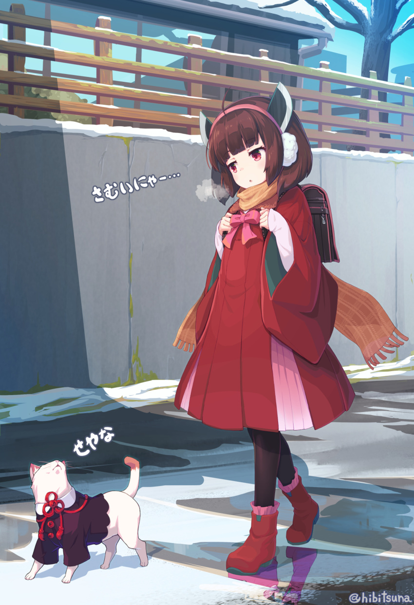1girl :o ahoge animal_ears backpack bag bangs black_legwear blush bob_cut boots bow bowtie brown_hair building cat cat_ears cat_tail dot_nose dress earmuffs eyebrows_visible_through_hair fake_animal_ears fence hibi_tsuna highres long_sleeves looking_at_another open_mouth orange_scarf pink_neckwear red_dress red_eyes red_footwear scarf shadow short_hair signature snow tail touhoku_kiritan translated tree two-tone_dress voiceroid walking wide_sleeves winter_clothes