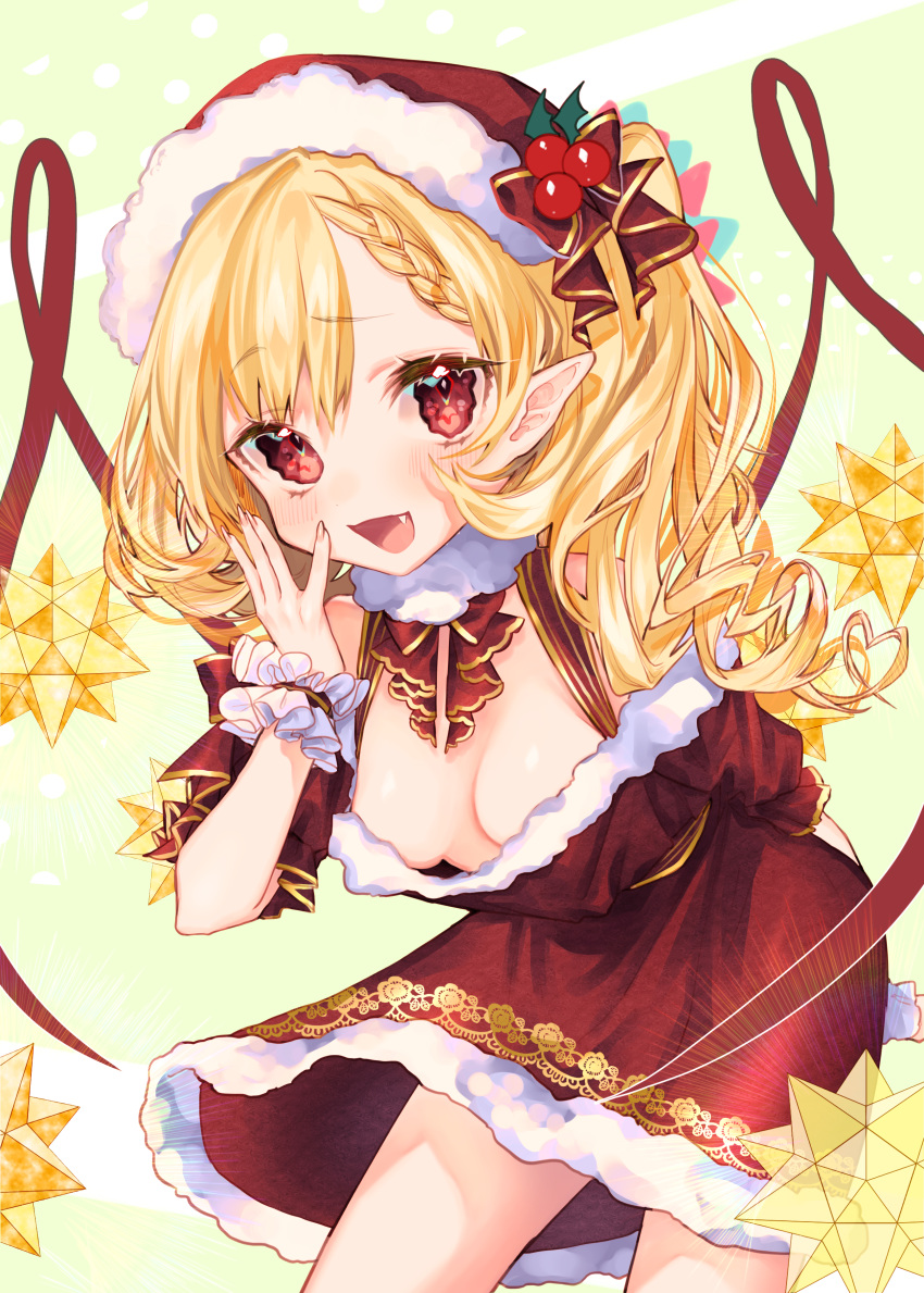 1girl absurdres arm_behind_back blonde_hair braid braided_bangs breasts crystal downblouse dress drill_hair eyebrows_visible_through_hair fang fingernails flandre_scarlet frilled_cuffs frilled_sleeves frills fur-trimmed_dress fur_collar fur_trim hat hat_ribbon highres holly leaning_forward looking_at_viewer mokokiyo_(asaddr) neck_ribbon off-shoulder_dress off_shoulder ojou-sama_pose open_mouth pointy_ears red_dress red_eyes red_headwear red_neckwear ribbon santa_dress santa_hat sharp_fingernails short_dress short_sleeves side_drill side_ponytail small_breasts smile solo standing touhou wings