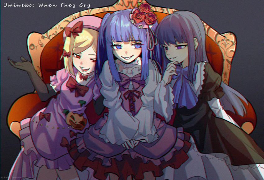 3girls bead_necklace beads black_dress blonde_hair blue_eyes blue_hair blue_ribbon bow choker couch dress eyebrows_behind_hair eyebrows_visible_through_hair film_grain flower frederica_bernkastel frilled_dress frills furudo_erika grey_background hand_on_own_chin hat highres jewelry kiliko-san lace lace_choker lace_dress lambdadelta layered_sleeves long_hair long_sleeves multiple_girls necklace open_mouth pink_dress pink_headwear pink_ribbon puffy_short_sleeves puffy_sleeves red_bow red_eyes red_flower red_ribbon red_rose ribbon rose short_hair short_sleeves sitting sleeves_past_wrists smile twintails umineko_no_naku_koro_ni violet_eyes visible_ears w_arms