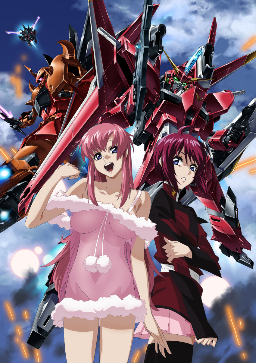 2girls absurdres ahoge babydoll blue_eyes breasts clenched_hands flying gaia_gundam glowing glowing_eyes gouf_ignited green_eyes gundam gundam_seed gundam_seed_destiny highres holding holding_shield holding_sword holding_weapon huge_filesize large_breasts long_hair looking_at_viewer looking_down lunamaria_hawke mecha mechanical_wings meer_campbell military military_uniform multiple_girls navel no_panties one-eyed open_mouth paintedmike parted_lips pink_hair pink_skirt redhead saviour_gundam see-through shield shiny shiny_hair short_hair skirt smile standing sword teeth uniform v-fin violet_eyes weapon wings