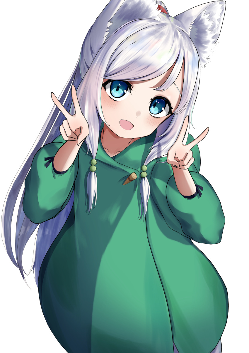 1girl :d animal_ear_fluff animal_ears bangs blue_eyes blush collarbone commentary_request double_v dress eyebrows_behind_hair garaudon green_dress hands_up head_tilt highres long_hair long_sleeves looking_at_viewer open_mouth original ponytail puffy_long_sleeves puffy_sleeves silver_hair simple_background smile solo swept_bangs v very_long_hair white_background