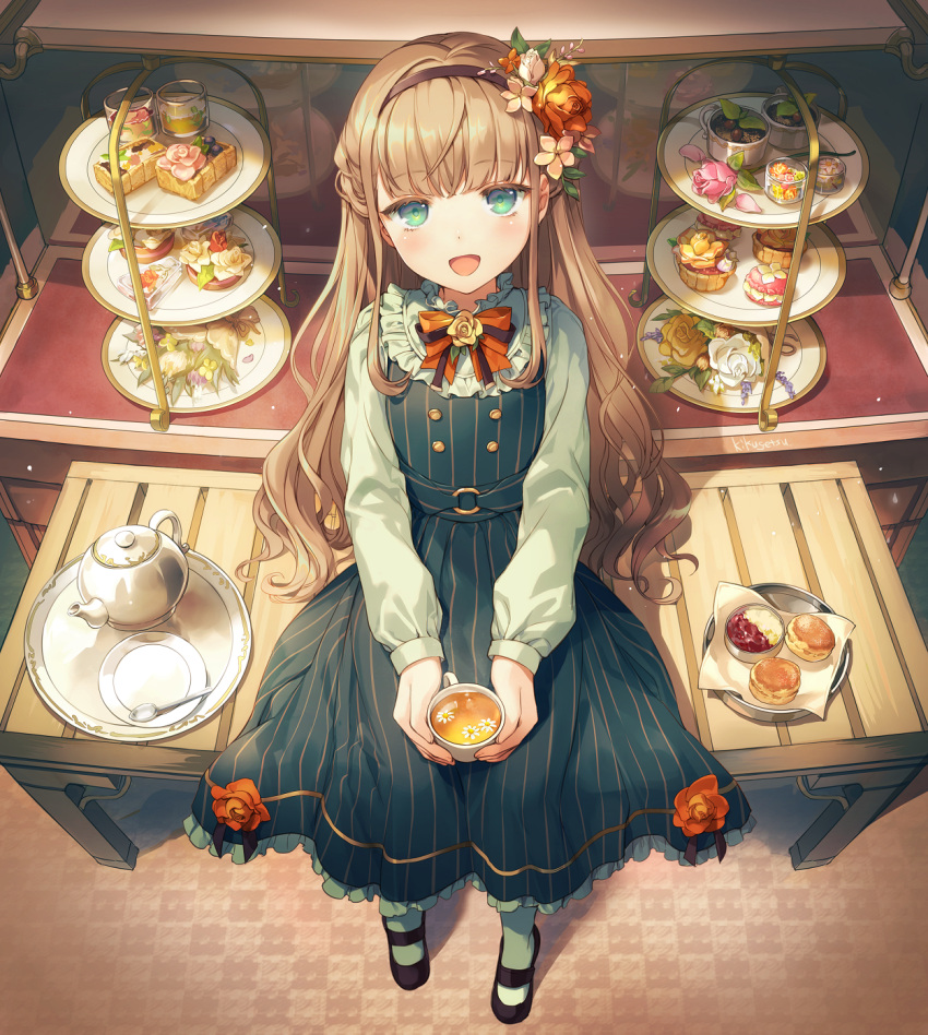 1girl :d bangs black_footwear blue_dress blush bow brown_flower brown_hair brown_hairband brown_rose commentary_request cup dress eyebrows_visible_through_hair flower flower_on_liquid food frilled_shirt_collar frills full_body green_eyes green_legwear hair_flower hair_ornament hairband highres holding holding_cup indoors kikugetsu long_hair long_sleeves looking_at_viewer mary_janes open_mouth original pantyhose pinafore_dress plate puffy_long_sleeves puffy_sleeves red_bow red_flower rose shirt shoes sitting sleeveless sleeveless_dress smile solo spoon striped teacup teapot tiered_tray tray vertical-striped_dress vertical_stripes very_long_hair white_flower white_rose white_shirt yellow_flower yellow_rose