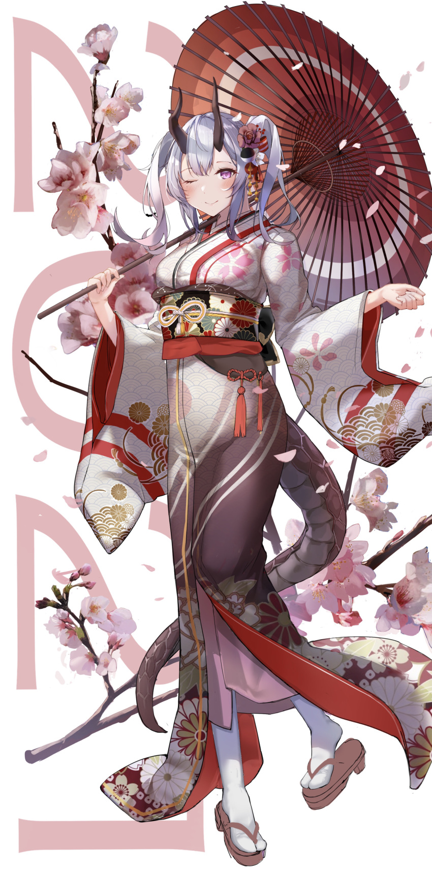 1girl ;) absurdres blush branch breasts brown_footwear closed_mouth commentary_request dragon_horns dragon_tail flower full_body highres holding holding_umbrella horns japanese_clothes kimono long_sleeves looking_at_viewer medium_breasts new_year obi oil-paper_umbrella one_eye_closed original pantyhose personification petals print_kimono red_umbrella sash shiranui_(nisioisin_sinob) silver_hair simple_background smile solo tabi tail twintails umbrella violet_eyes white_background white_flower white_kimono white_legwear wide_sleeves zouri