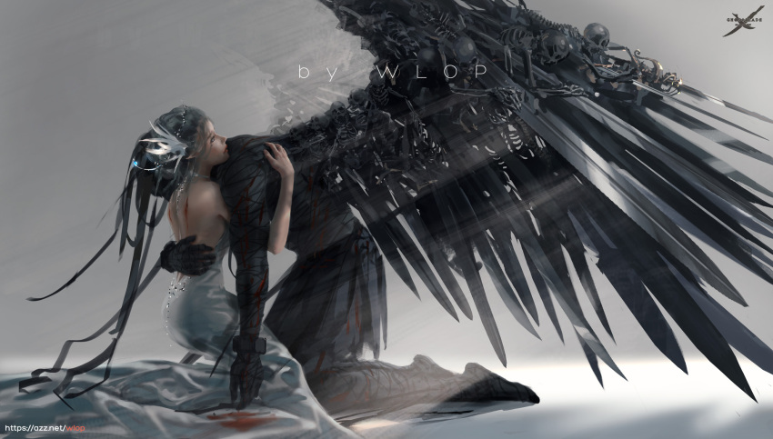 1girl 1other bandages black_hair blood blue_eyes dress ghostblade ghostblade_(character) highres hug kneeling lips long_hair pointy_ears princess_yan skeleton tiara white_dress wings wlop