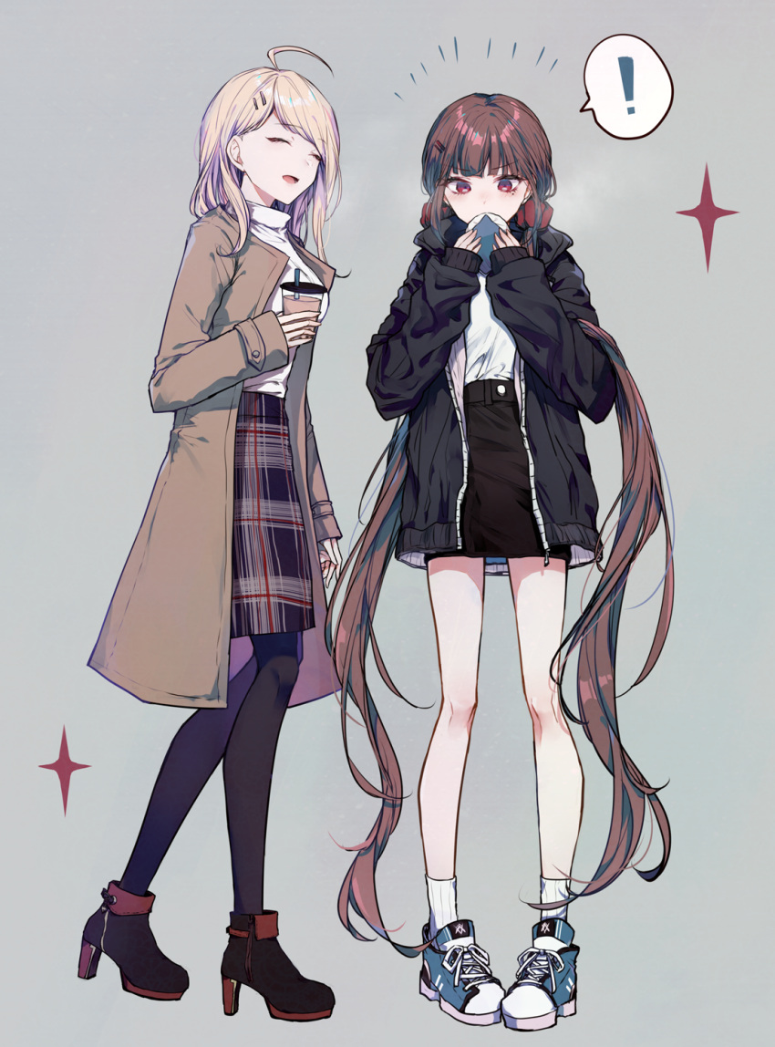 ! 2girls ahoge akamatsu_kaede alternate_costume bangs black_jacket black_legwear black_skirt blonde_hair brown_coat brown_hair closed_eyes coat commentary_request dangan_ronpa_(series) dangan_ronpa_v3:_killing_harmony food full_body goto_(sep) hair_ornament hairclip hands_up happy harukawa_maki high_heels highres holding holding_food jacket long_hair long_sleeves mole mole_under_eye multiple_girls open_mouth pantyhose pencil_skirt plaid plaid_skirt red_eyes shirt shoes skirt smile socks sparkle spoken_exclamation_mark sweater very_long_hair white_legwear white_sweater