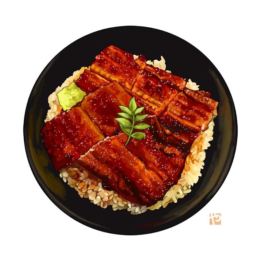 bowl donburi eel fish food food_focus garnish grilled_eel leaf meat no_humans original rice rice_bowl simple_background still_life studiolg unajuu_(food) vegetable white_background