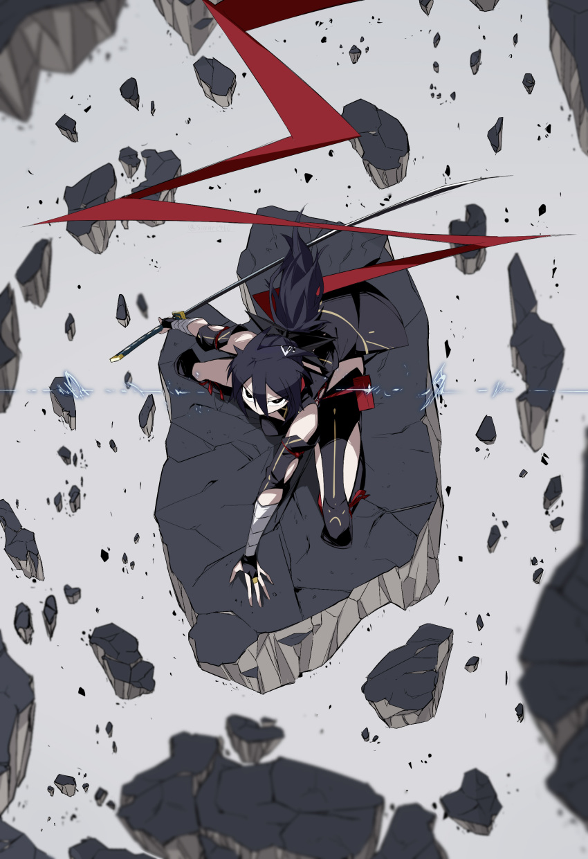 1girl absurdres artist_name bandaged_arm bandages black_eyes black_hair electricity fighting_stance floating_rock grey_background hair_between_eyes highres holding holding_sword holding_weapon izuzu_maiba katana looking_at_viewer looking_up ninja original ponytail rubble shimure_(460) solo squatting sword tied_hair v-shaped_eyebrows weapon