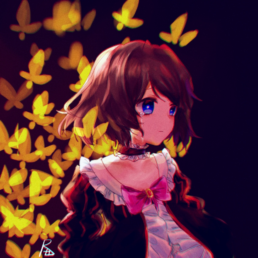 1girl blue_background blue_eyes brown_hair bug butterfly choker crying crying_with_eyes_open film_grain frilled_choker frilled_sleeves frills highres insect juliet_sleeves long_sleeves puffy_sleeves rt034 short_hair sleeves_past_fingers sleeves_past_wrists solo spoilers tears umineko_no_naku_koro_ni wide_sleeves yellow_butterfly