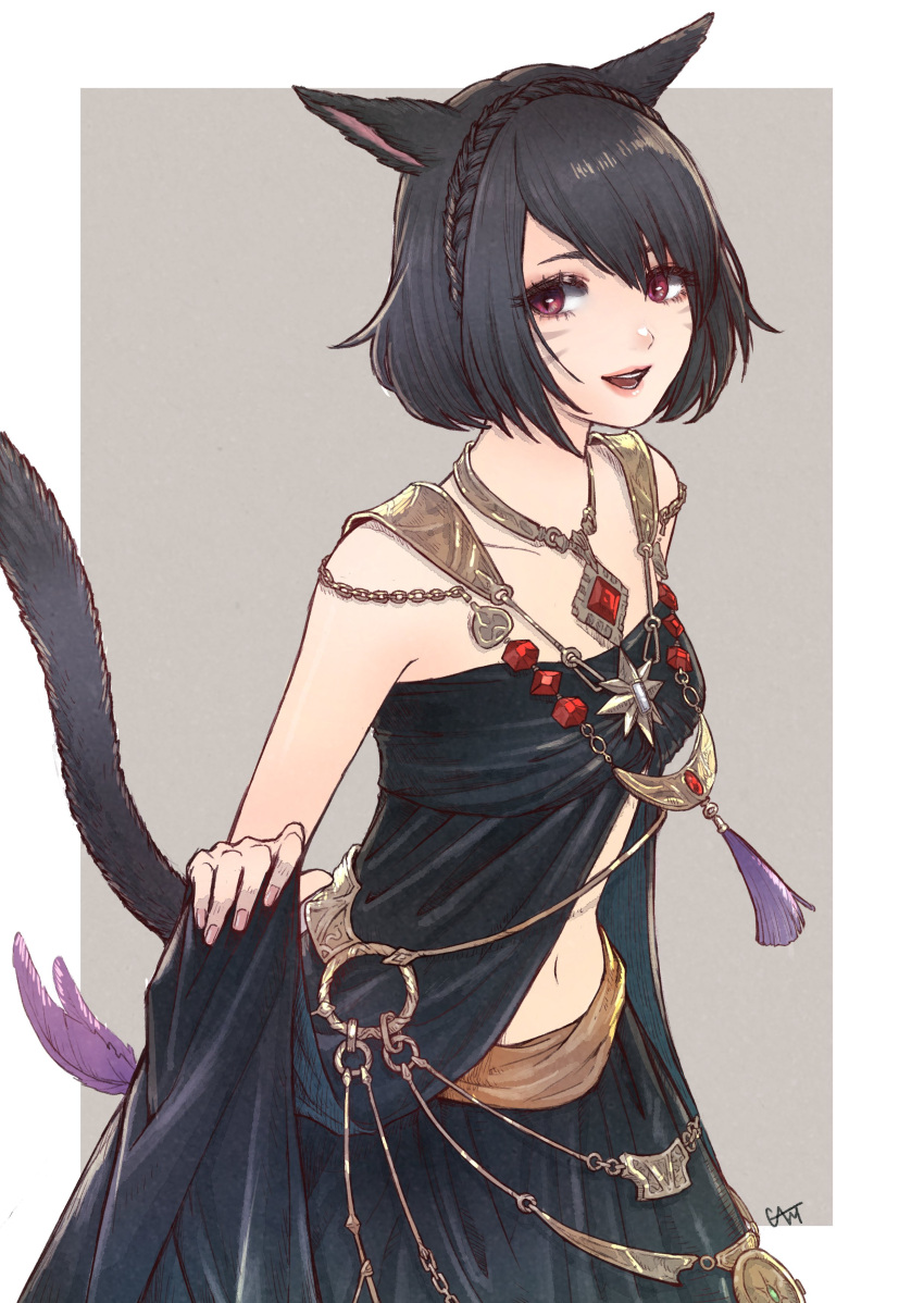 1girl :d absurdres animal_ears bangs black_hair braid cam_(cammero95713700) cat_ears cat_tail crown_braid dress feathers final_fantasy final_fantasy_xiv fingernails gem highres jewelry looking_at_viewer miqo'te navel necklace open_mouth pink_eyes shirt short_hair signature skirt_hold sleeveless sleeveless_shirt slit_pupils smile solo strapless strapless_dress tail teeth two-tone_background upper_body whisker_markings