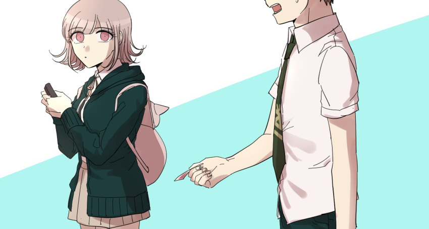 1boy 1girl :o backpack bag bangs black_jacket blunt_bangs breasts brown_skirt cat_bag collared_shirt commentary dangan_ronpa_(series) dangan_ronpa_2:_goodbye_despair dangyu_(danganpa) eyebrows_visible_through_hair flipped_hair green_background green_neckwear hands_up head_out_of_frame hinata_hajime holding hood hooded_jacket jacket light_brown_hair long_sleeves looking_at_viewer medium_breasts miniskirt nanami_chiaki neck_ribbon necktie open_clothes open_mouth pink_bag pink_eyes pink_hair pink_ribbon pleated_skirt ribbon shirt short_hair short_sleeves skirt standing sweatdrop white_background white_shirt