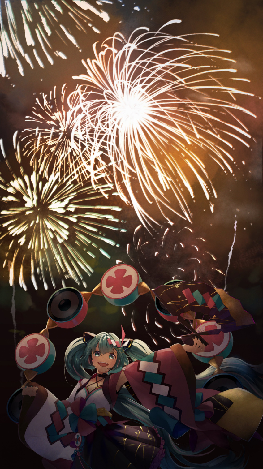 1girl absurdres aqua_eyes aqua_hair aqua_nails bangs blush commentary criss-cross_halter dot_nose fireworks frilled_skirt frills hair_between_eyes hair_ornament halterneck hatsune_miku headset highres japanese_clothes kimono long_hair long_sleeves looking_at_viewer magical_mirai_(vocaloid) mismatched_sleeves night night_sky open_mouth patterned_clothing pinkusan pleated_skirt red_sleeves skirt sky smile solo teeth twintails upper_body very_long_hair vocaloid white_sleeves wide_sleeves