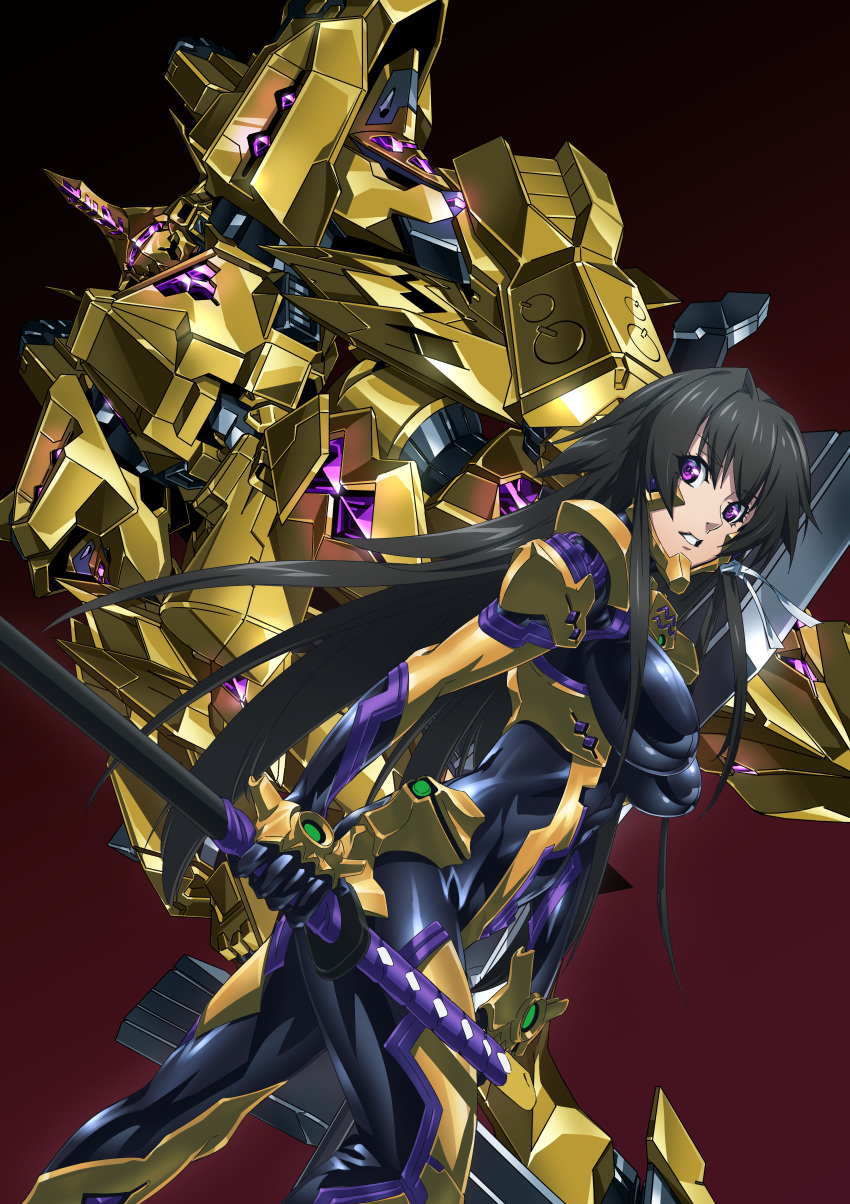 1girl absurdres black_bodysuit black_hair bodysuit breasts fortified_suit glowing highres holding holding_sword holding_weapon huge_filesize impossible_bodysuit impossible_clothes large_breasts long_hair looking_at_viewer mecha muvluv muvluv_alternative muvluv_total_eclipse paintedmike parted_lips pilot_suit shiny shiny_hair shiny_skin sidelocks solo standing sword takamura_yui takemikazuchi_(muvluv) teeth violet_eyes weapon