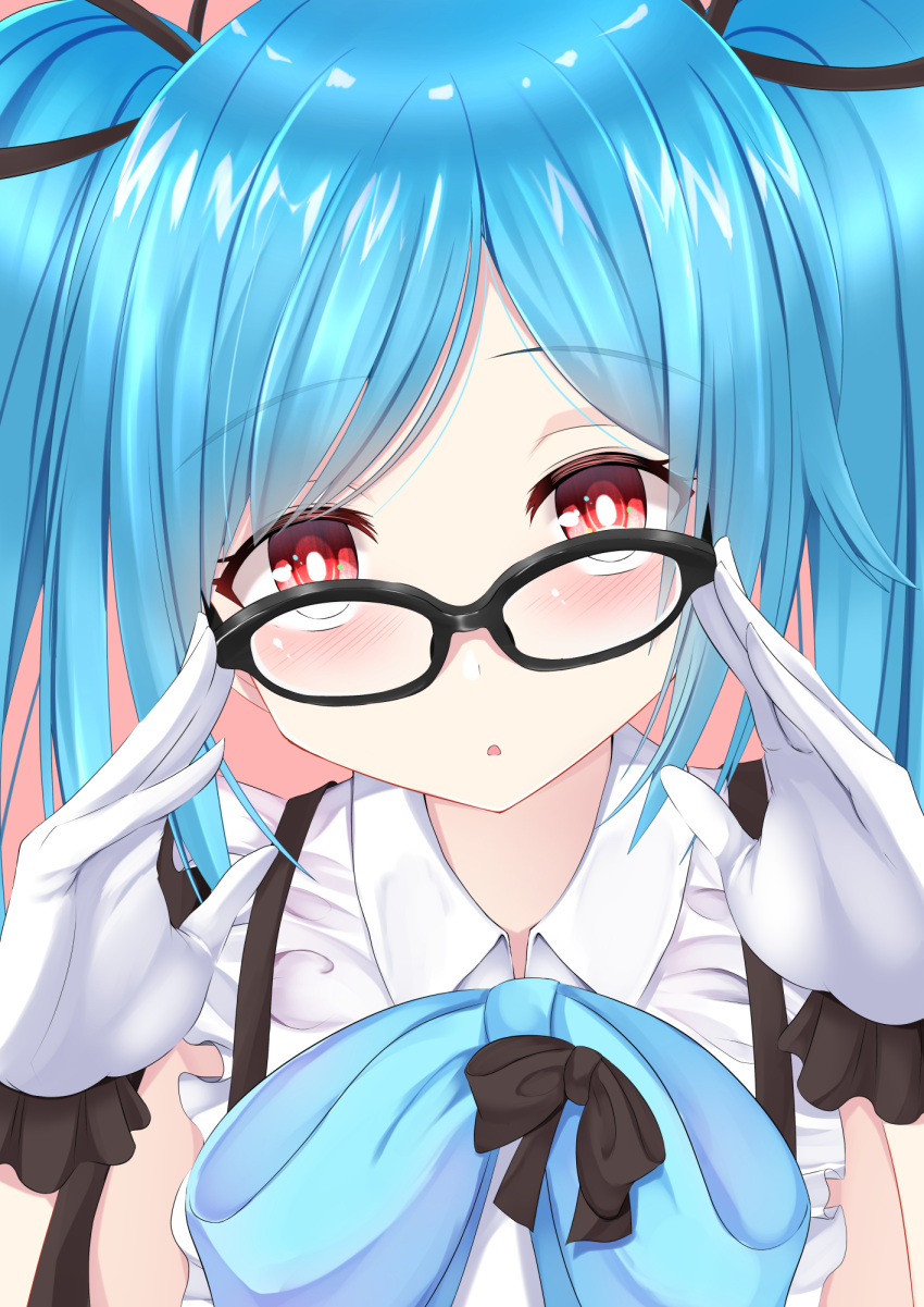 .live 1girl adjusting_eyewear blue_hair blush commentary_request gajt69 gloves highres looking_at_viewer open_mouth pink_background portrait red_eyes simple_background solo twintails virtual_youtuber white_gloves yamato_iori