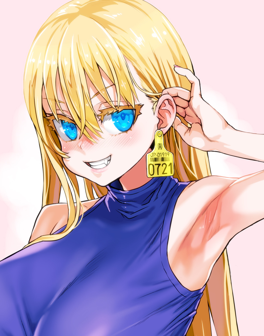 1girl armpits asanagi blonde_hair blue_eyes breasts ear_tag highres large_breasts looking_at_viewer original smile tag