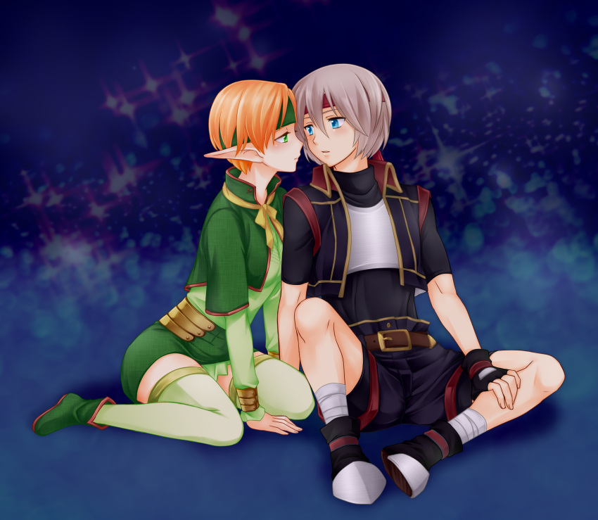 1boy 1girl armor armored_boots black_footwear black_gloves black_shirt blue_eyes blush boots breastplate brown_hair commentary_request couple elf fingerless_gloves gensou_suikoden gensou_suikoden_iv gloves green_capelet green_eyes green_footwear green_legwear green_shirt green_skirt ham_pon hetero highres imminent_kiss lazlo long_sleeves looking_at_another orange_hair paula_(suikoden) pointy_ears shirt short_hair short_sleeves sitting skirt steel-toe_boots thigh-highs