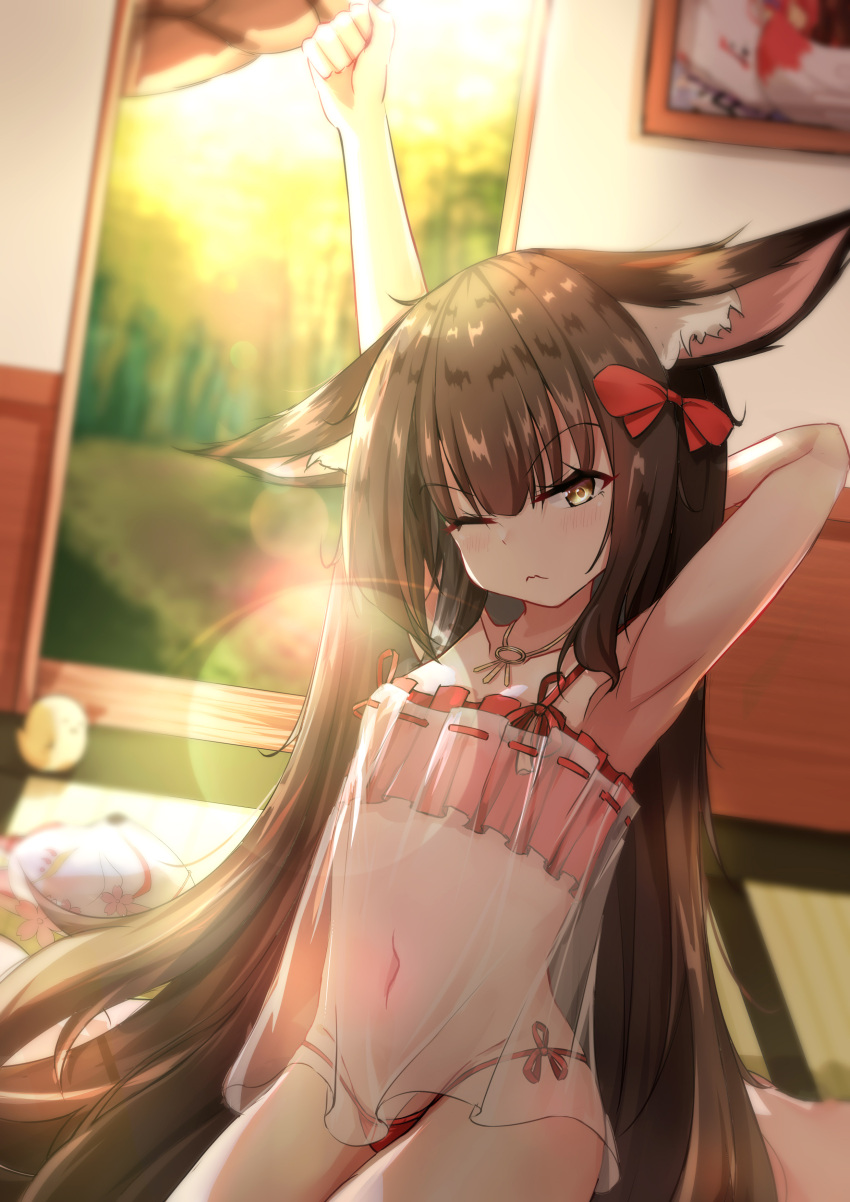 1girl absurdres animal_ear_fluff animal_ears arm_behind_head armpits arms_up azur_lane bangs bare_arms bare_shoulders black_hair blurry blurry_background blush bow bra brown_eyes closed_mouth commentary_request covered_navel depth_of_field eyebrows_visible_through_hair fox_ears hair_bow head_tilt highres indoors long_hair looking_at_viewer manjuu_(azur_lane) nagato-chan nagato_(azur_lane) nagato_(great_fox's_sleepwear)_(azur_lane) navel panties red_bow red_bra red_panties see-through side-tie_panties solo stretch underwear underwear_only very_long_hair wavy_mouth