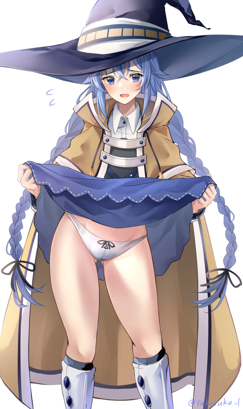 1girl absurdres ass_visible_through_thighs blue_eyes blue_hair blue_skirt boots braid commentary_request eyebrows_visible_through_hair hat highres lifted_by_self long_hair long_sleeves mushoku_tensei open_mouth panties roxy_migurdia simple_background skirt skirt_lift solo standing sukuemon twin_braids twitter_username underwear white_background white_footwear white_panties witch_hat